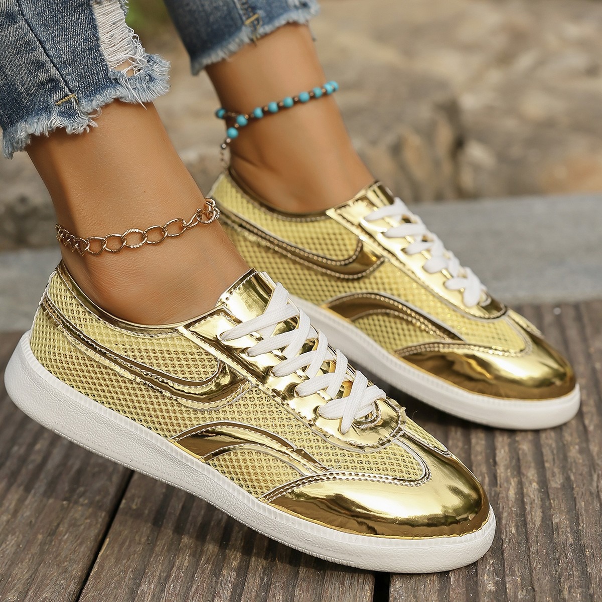 Knit Fabric Lace Up Sneakers - รองเท้าผ้าใบสตรีใหม่ระบายอากาศได้ดีถักตาข่ายกีฬารองเท้าแฟชั่นหนังเคลือบเงาแผงรองเท้าสบายๆหญิงรองเท้าส้นแบนนุ่มเทรนเนอร์