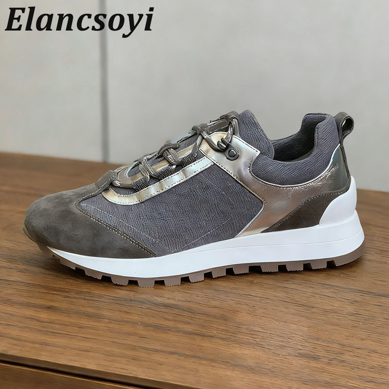 Knit Fabric Lace Up Sneakers - รองเท้าผ้าใบผู้หญิงแบบผูกเชือก ประดับลูกปัด พื้นหนา รองเท้าเดินเล่น ฤดูใบไม้ผลิ ฤดูใบไม้ร่วง