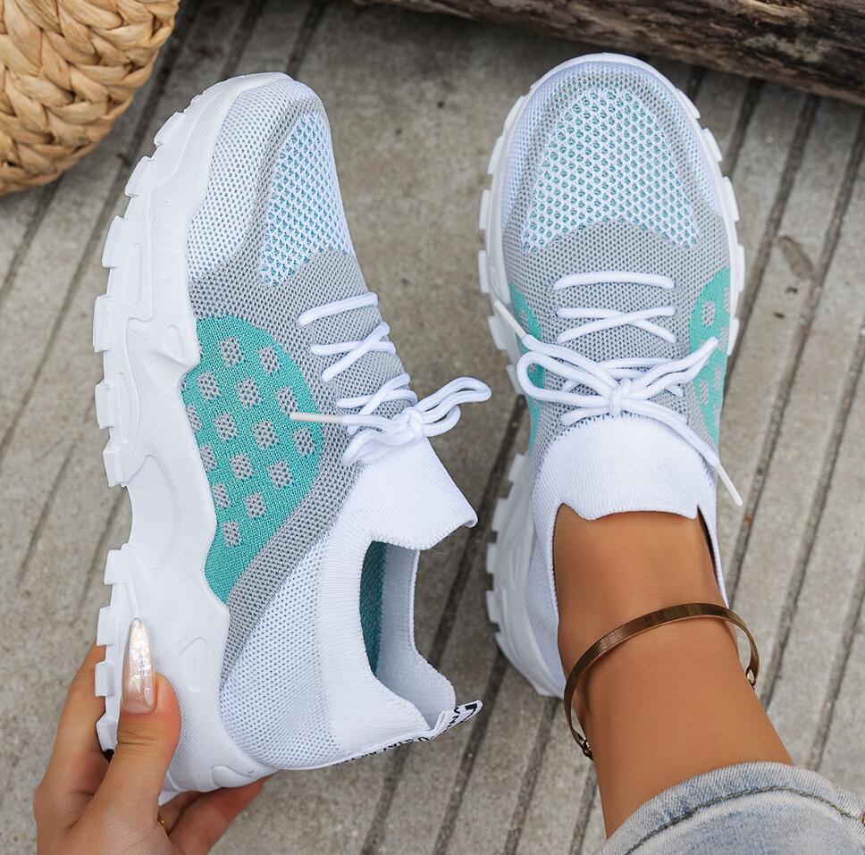 Knit Fabric Lace Up Sneakers - รองเท้ากีฬาผู้หญิงแบบถักตาข่ายระบายอากาศ รองเท้าผ้าใบลำลองสำหรับฤดูร้อน พื้นยางหนาแบบแพลตฟอร์ม รองเท้าเทนนิสสำหรับทุกฤดู