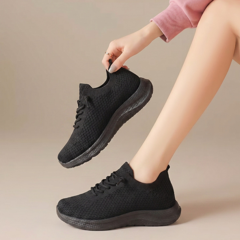 Knit Fabric Lace Up Sneakers - รองเท้าผ้าใบผู้หญิงสำหรับฤดูร้อน ระบายอากาศได้ดี พื้นรองเท้านุ่ม น้ำหนักเบา เชือกผูกรองเท้าแบบยืดหยุ่น กันลื่น