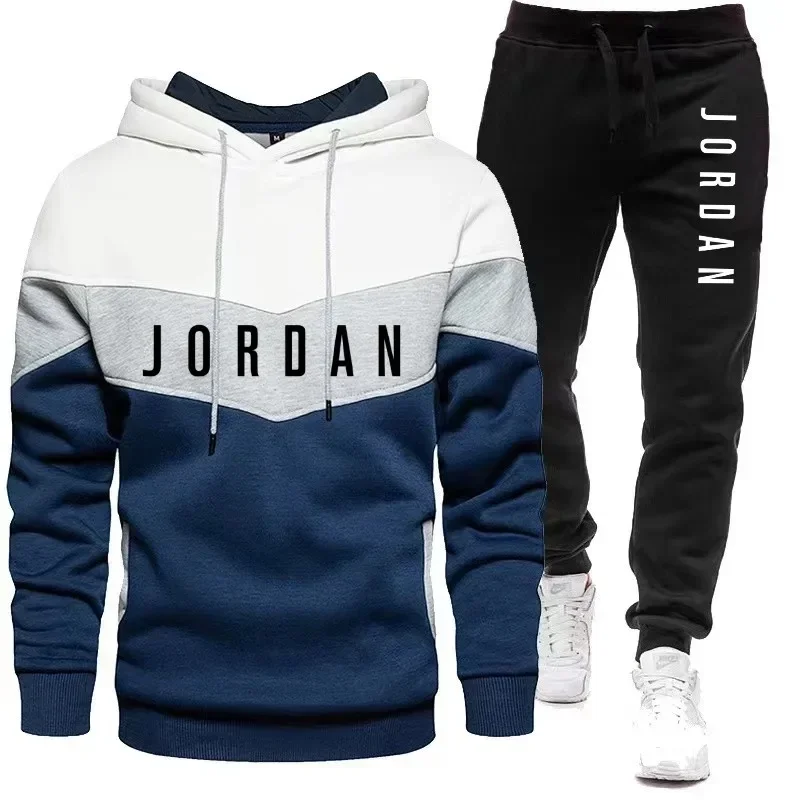 Sneakers - ชุดวอร์มพิมพ์ลายตัวอักษร Jordan สำหรับผู้ชาย เสื้อฮู้ดและกางเกงขายาวแบบสีตัดต่อ ชุดออกกำลังกายสองชิ้น