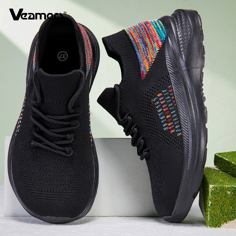 Knit Fabric Lace Up Sneakers - รองเท้าผ้าใบตาข่ายระบายอากาศสำหรับผู้หญิง รองเท้าผูกเชือกพื้นหนา แฟชั่นสำหรับสาวๆ น้ำหนักเบา ถักทอ เหมาะสำหรับเดินเล่นและเล่นกีฬา