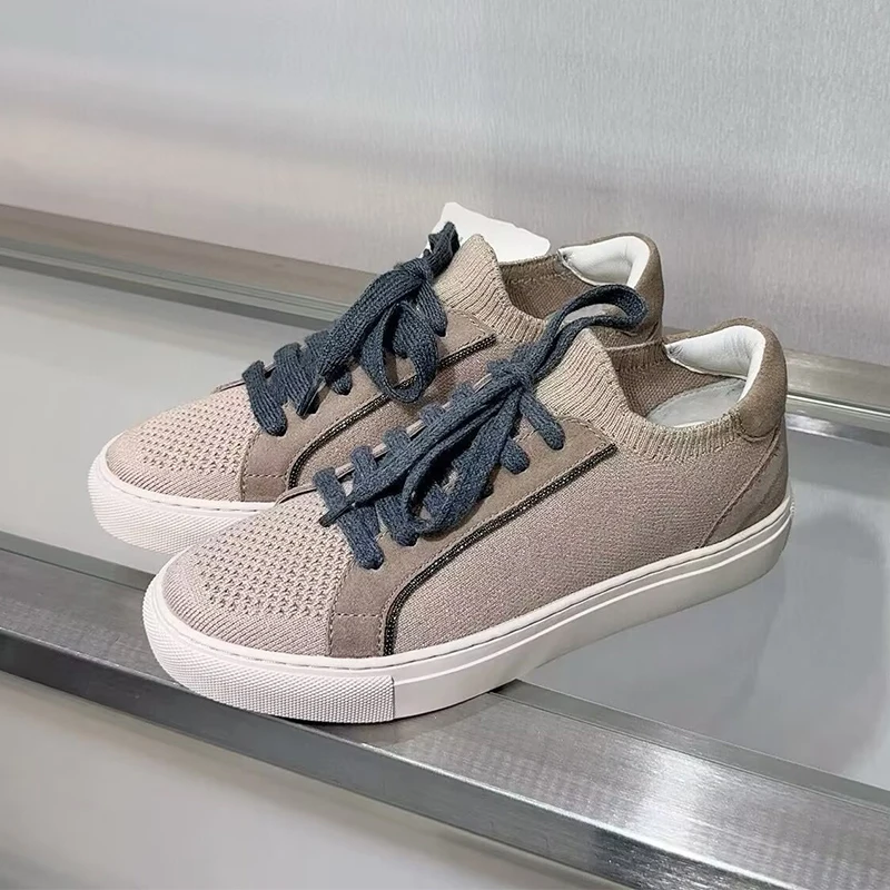 Knit Fabric Lace Up Sneakers - ผู้หญิงถักรองเท้าผ้าใบBreathableฤดูใบไม้ผลิฤดูใบไม้ร่วงหนาLace Up Casualรองเท้ารอบToeลูกปัดแบนรองเท้ารองเท้าเทนนิส