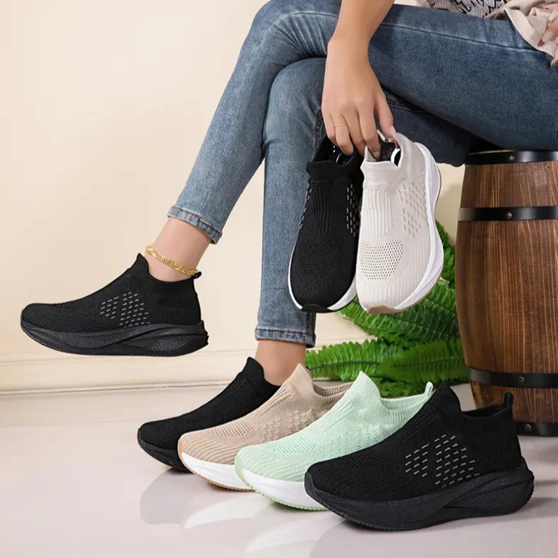 Knit Fabric Lace Up Sneakers - รองเท้าวิ่งแบบสวมสำหรับทุกเพศ ระบายอากาศได้ดี ผลิตจากผ้าถักตาข่าย น้ำหนักเบา พื้นรองเท้าหนานุ่ม กันลื่น