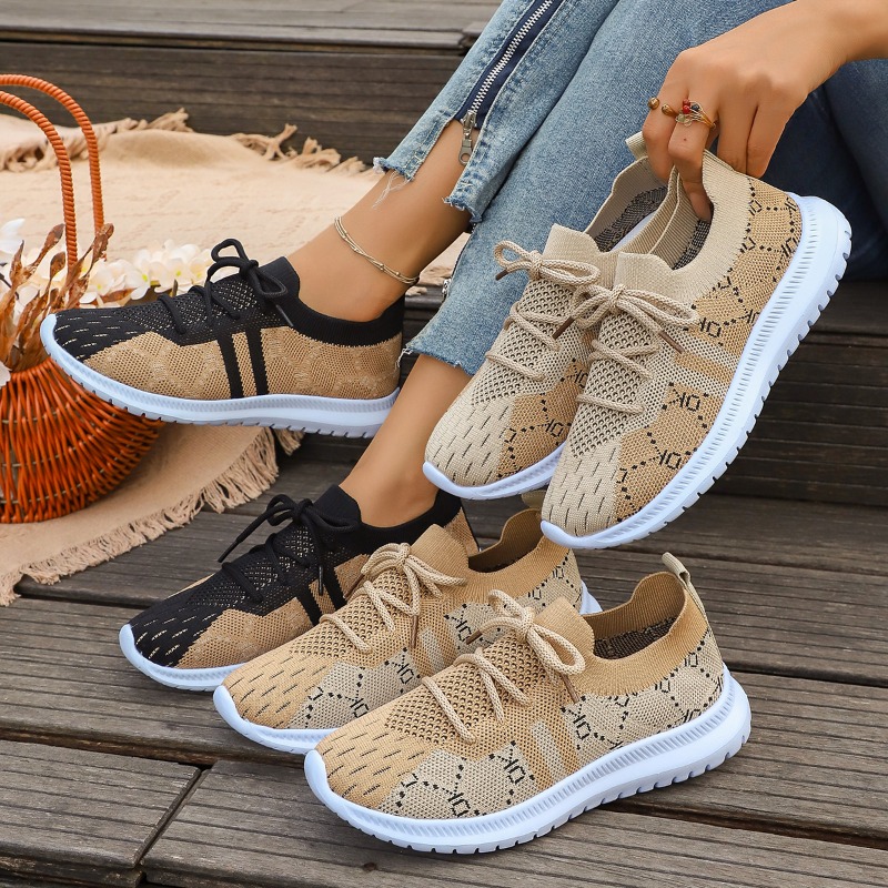 Knit Fabric Lace Up Sneakers - รองเท้าผ้าใบผู้หญิงแบบผูกเชือกทรงกลมรุ่นใหม่ปี 2026 ตาข่ายถัก ระบายอากาศได้ดี รองเท้าลำลองแฟชั่น พื้นนุ่ม