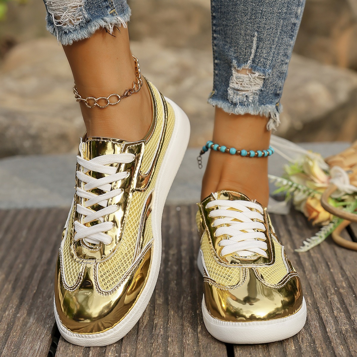 รองเท้าผ้าใบสตรีใหม่ระบายอากาศ - Knit Fabric Lace Up Sneakers บทวิจารณ์และราคา