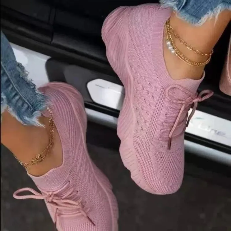 รองเท้าผ้าใบถักลำลองสำหรับผู้ห - Knit Fabric Lace Up Sneakers บทวิจารณ์และราคา