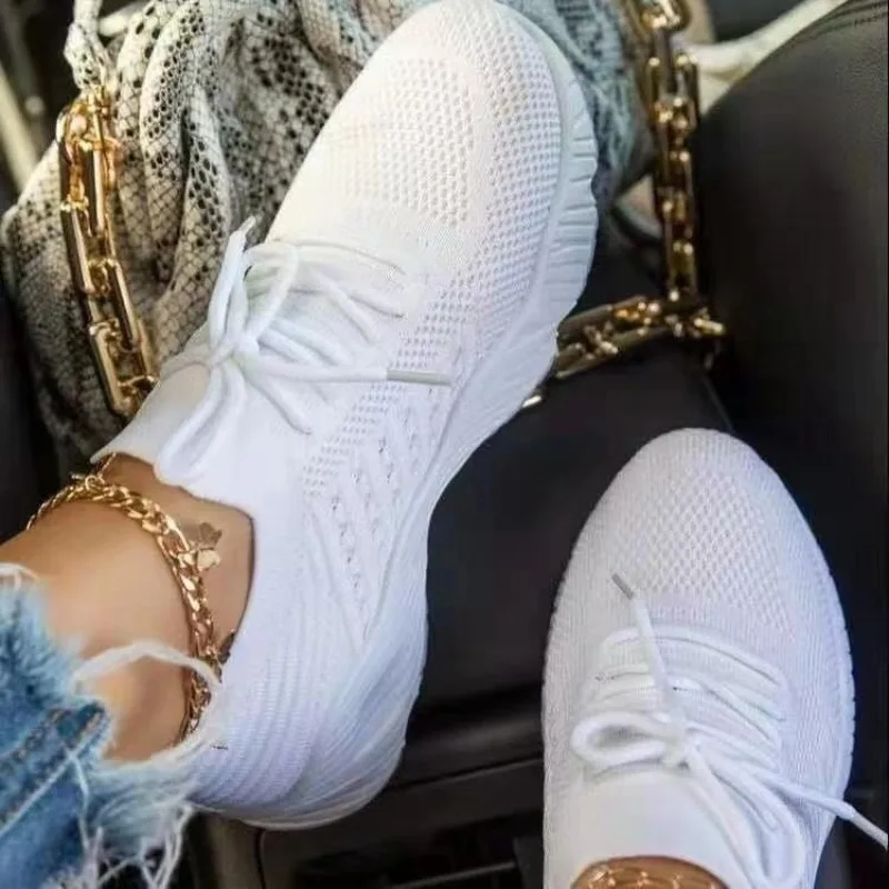 รองเท้าผ้าใบถักลำลองสำหรับผู้ห - Knit Fabric Lace Up Sneakers บทวิจารณ์และราคา