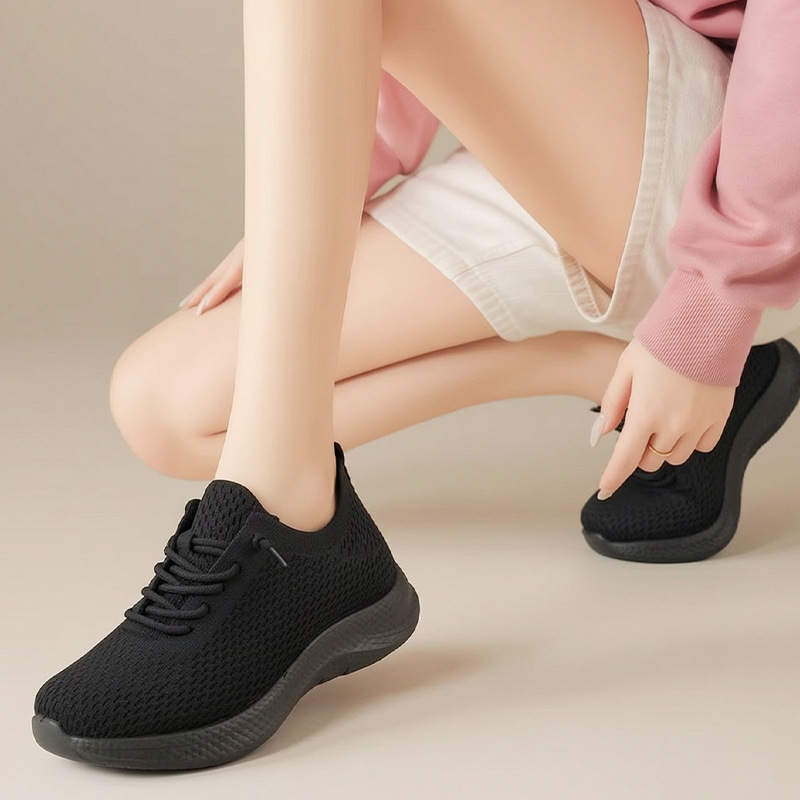รองเท้าผ้าใบผู้หญิงสำหรับฤดูร้ - Knit Fabric Lace Up Sneakers บทวิจารณ์และราคา