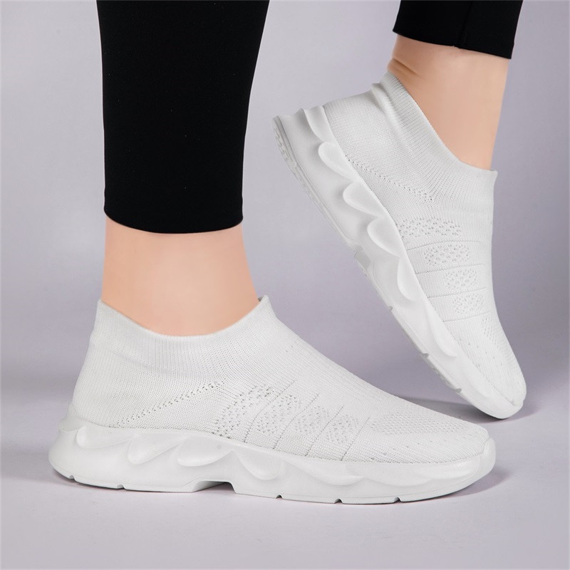 รองเท้าเดินแบบสวมตาข่ายถักสำหร - Knit Fabric Lace Up Sneakers บทวิจารณ์และราคา