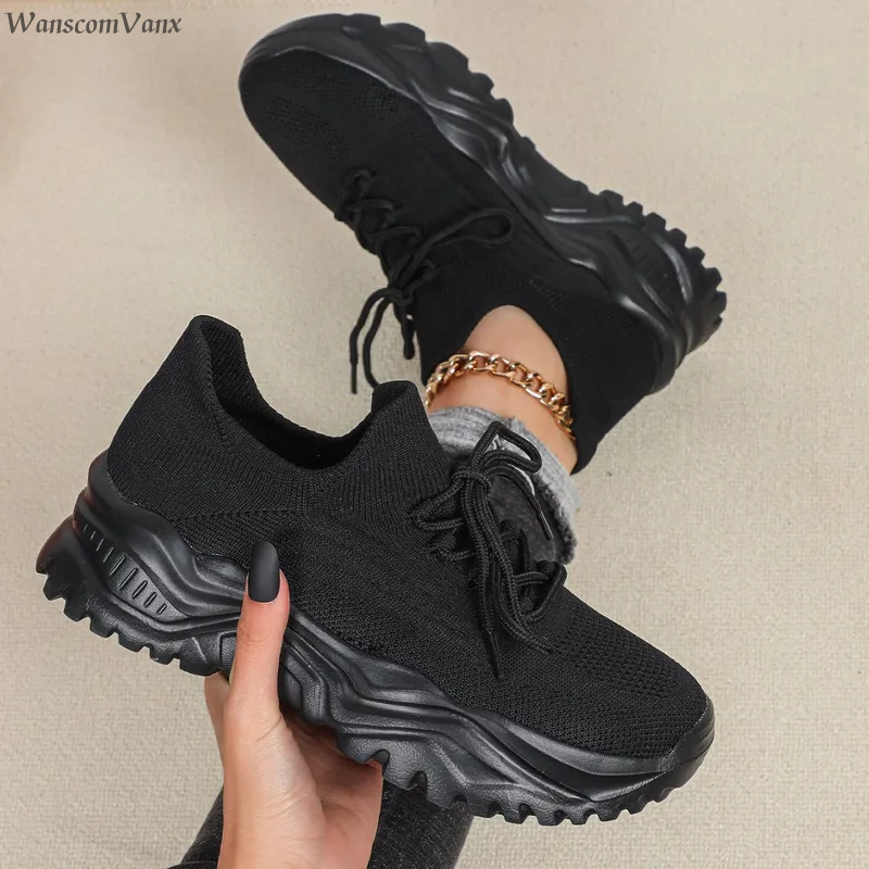 รองเท้าผ้าใบแฟชั่นพื้นหนาสำหรั - Knit Fabric Lace Up Sneakers บทวิจารณ์และราคา