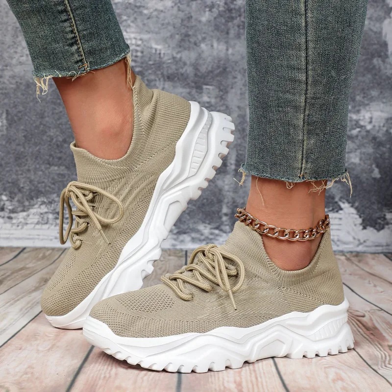 รองเท้าผ้าใบแฟชั่นพื้นหนาสำหรั - Knit Fabric Lace Up Sneakers บทวิจารณ์และราคา