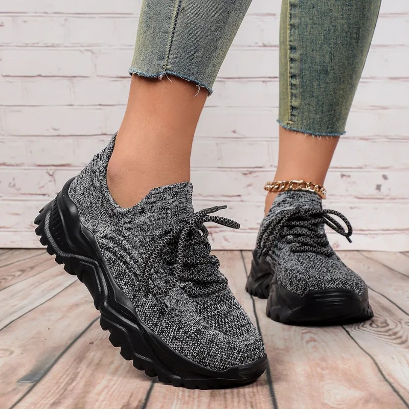 รองเท้าผ้าใบแฟชั่นพื้นหนาสำหรั - Knit Fabric Lace Up Sneakers บทวิจารณ์และราคา