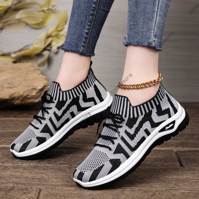รองเท้าผ้าใบแบบสวมสำหรับผู้หญิ - Knit Fabric Lace Up Sneakers บทวิจารณ์และราคา
