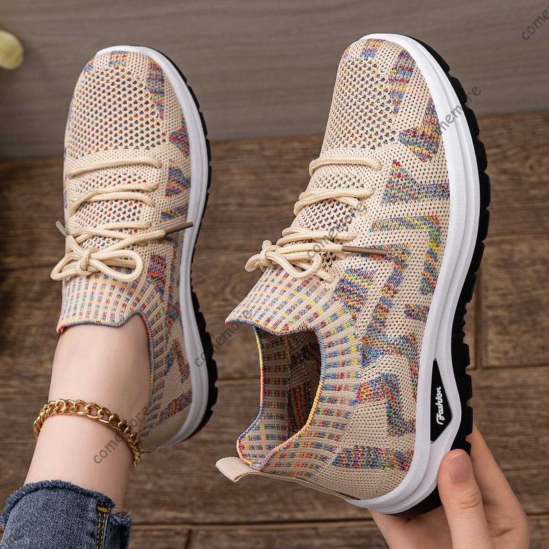 รองเท้าผ้าใบแบบสวมสำหรับผู้หญิ - Knit Fabric Lace Up Sneakers บทวิจารณ์และราคา