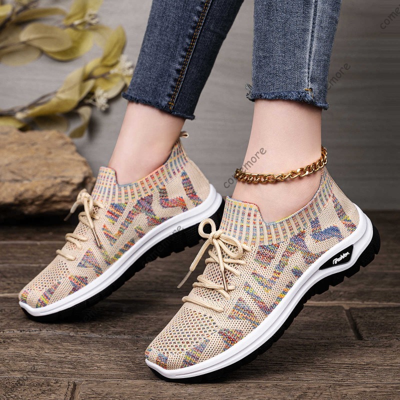 รองเท้าผ้าใบแบบสวมสำหรับผู้หญิ - Knit Fabric Lace Up Sneakers บทวิจารณ์และราคา